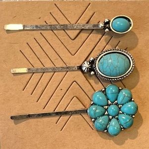 Beautiful Antique Silver Tone Faux Turquoise Stones Hair Pins